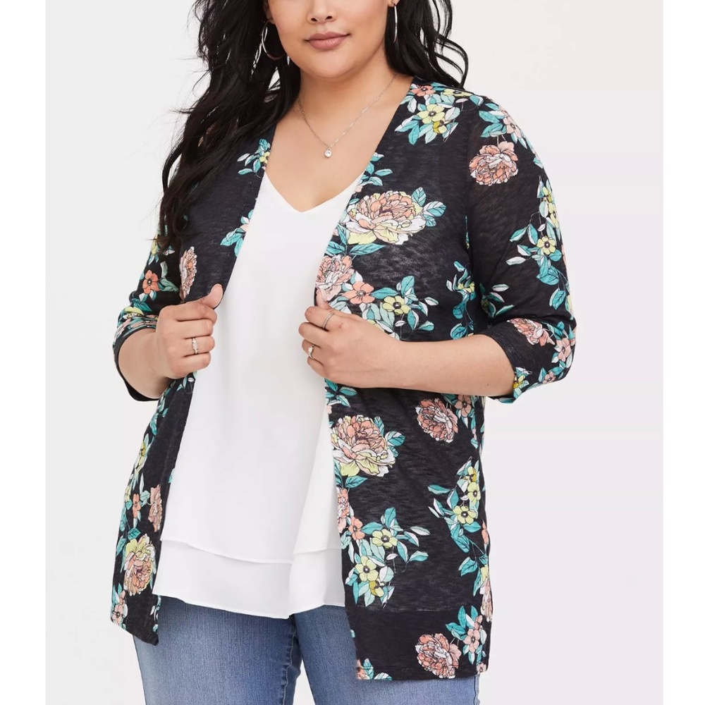 Torrid - Hacci Lightweight Knit Open Front Kimono Black Floral Cardigan - 1X